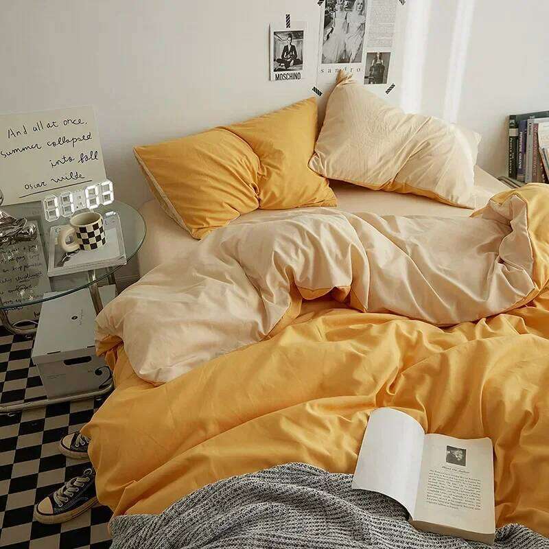 High Quality Solid Color Double Washed Cotton Bedding 4 Pieces Student Dormitory Linen Duvet Set Bed Suit H260311 - view 7