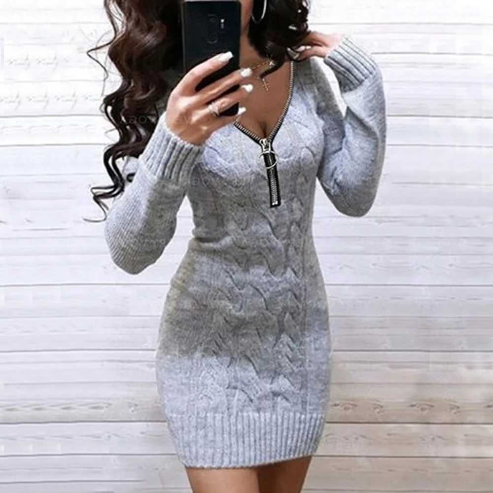 Women Sexy Slim Fit Knitted Sweater Dress Spring New V-neck Zip Long Sleeve Pullover Jumper Solid Casual Lady Mini Party Dresses M260311