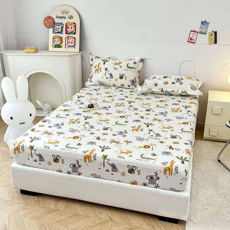 Cartoon Zoo Animal Fitted with 2 Pillowcase Cotton Safari Animals Sheet Set for Boy Girl Cute Elephant Koala Bed Cover H260311