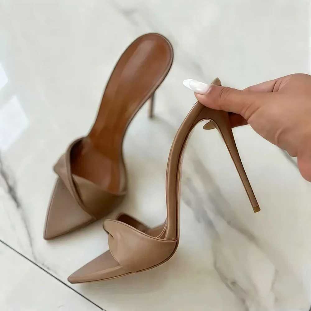 New Arrival Womens Nude Patent Leather Pointed Toe Stiletto Mules Elegant High Heel Slides for Party Catwalk Shoes K260311
