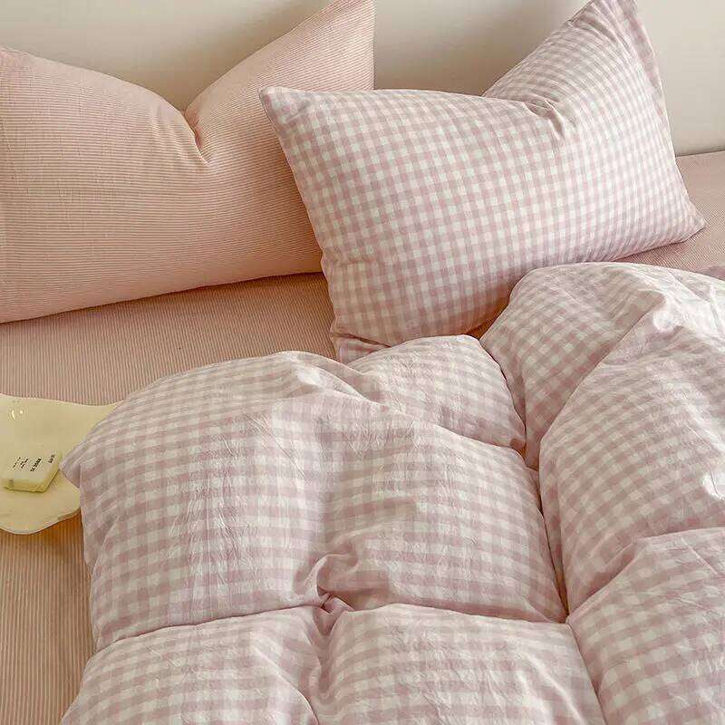 Pink Duvet Cover Classic Plaid Twin Queen Size Girls Boys Flat Sheet Pillowcase No Filler Soft Home Decor Bedding Set H260311