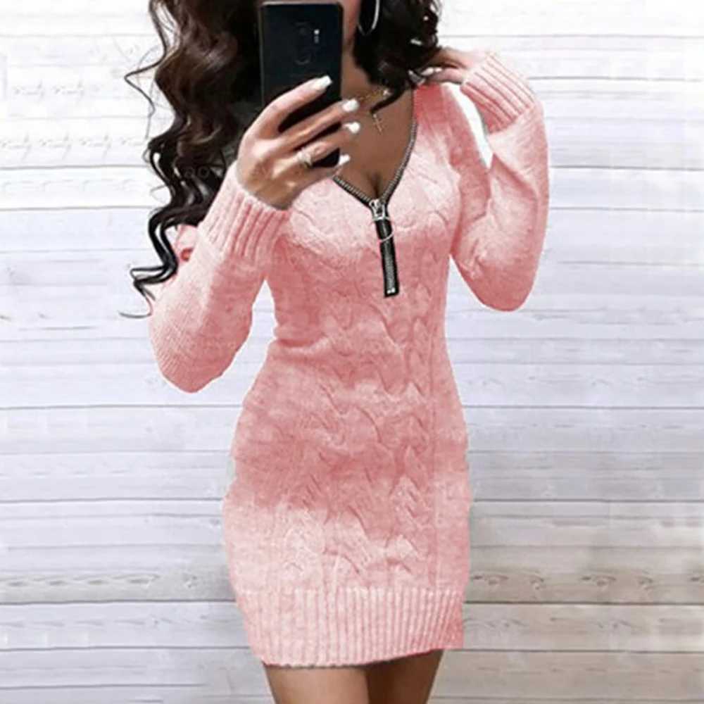 Women Sexy Slim Fit Knitted Sweater Dress Spring New V-neck Zip Long Sleeve Pullover Jumper Solid Casual Lady Mini Party Dresses M260311