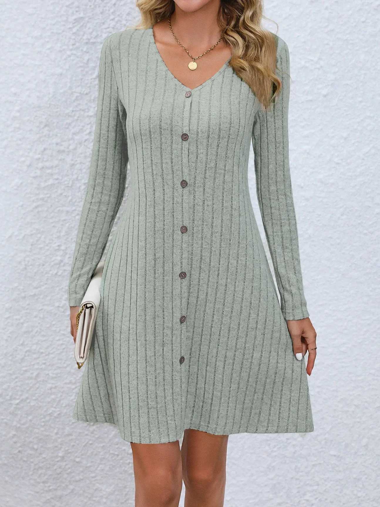 Fashion Solid Ribbed Knitted Mini Dress Women Button Long Sleeve A Line Dresses 2023 Autumn Lady Streetwear Robe M260311