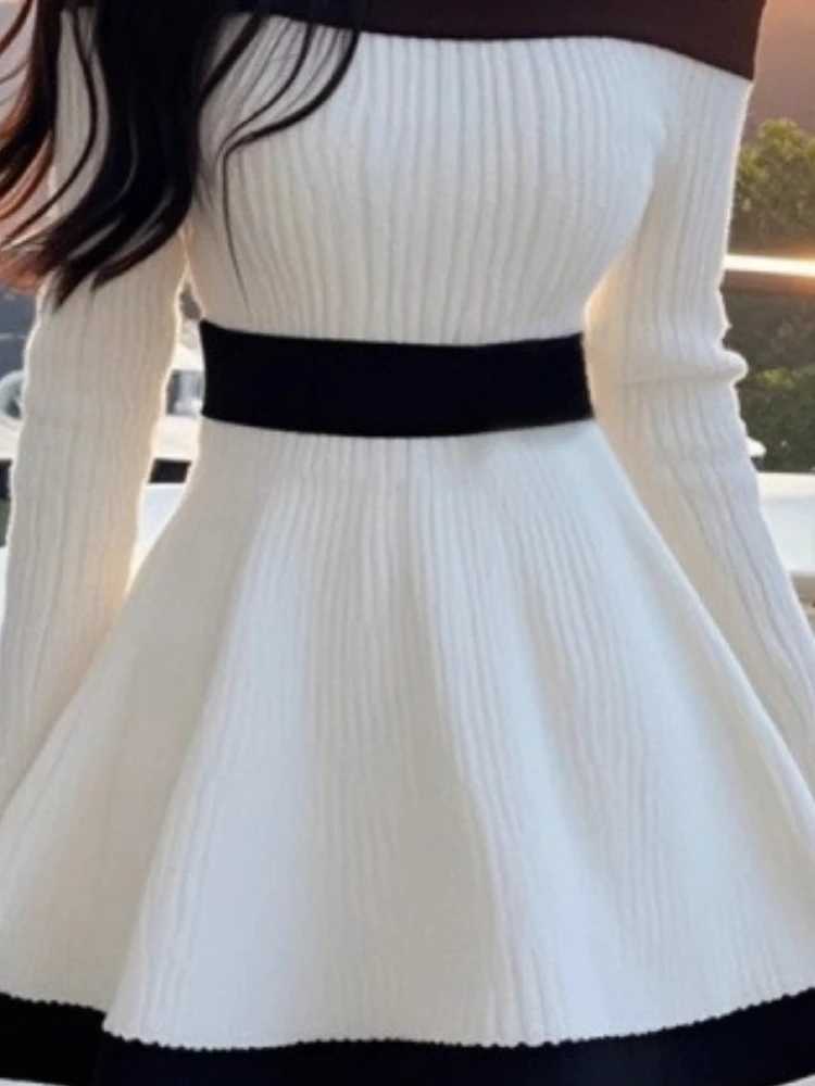 Black White Contrast One Shoulder Dress Women French Elegant Long Sleeve Slim Dresses Autumn 2025 Korea Casual Knitted Clothes M260311