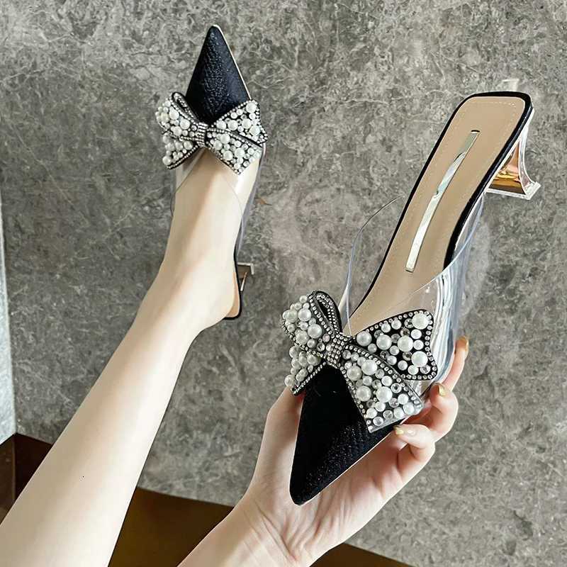 Sweet Shoes for Women Lovely Slippers Women Basic Slides Strange High Heels Solid Pointed Toe Butterfly-knot Summer Slippers K260311