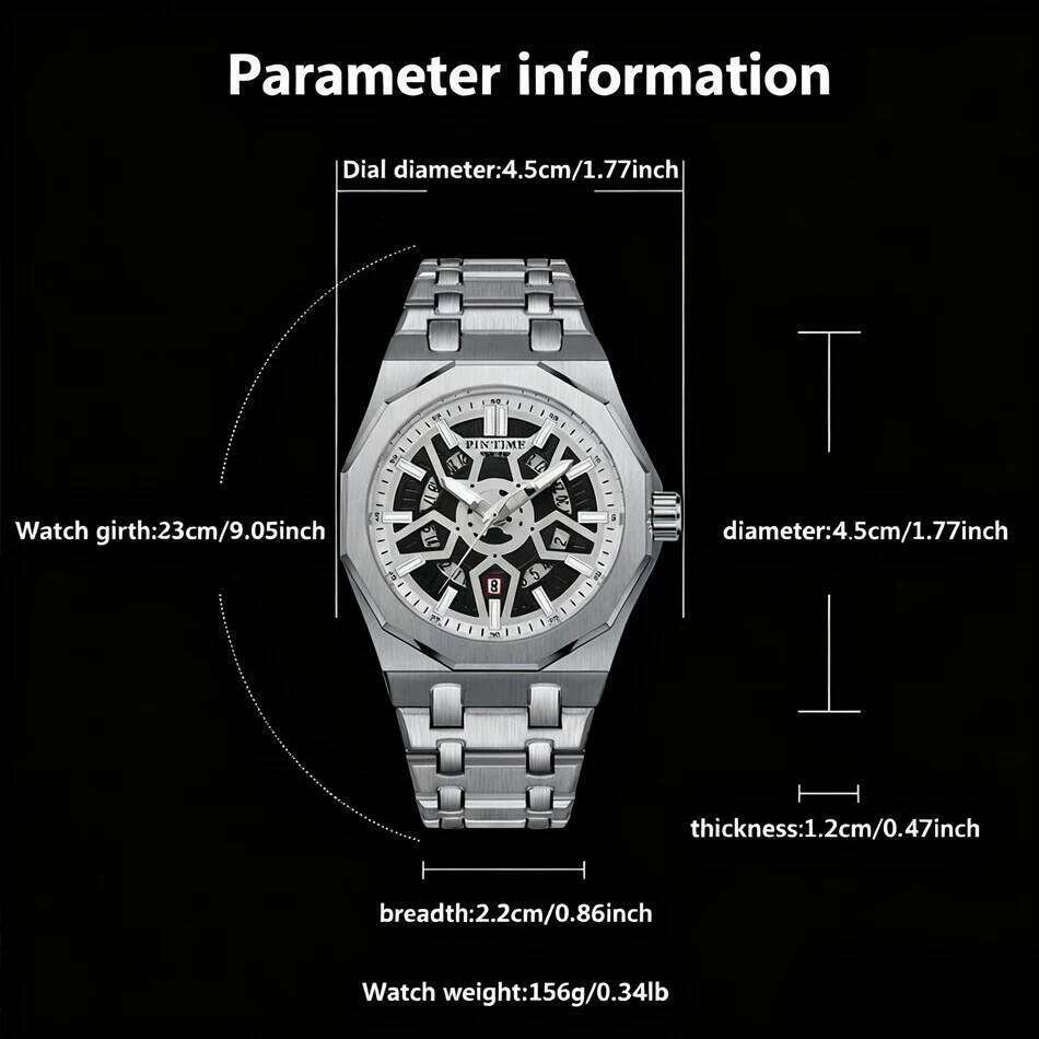 PINTIME New Alloy Skeleton Design Electric Mechanical Timepiece Luminous Date Display Men's Quartz Watch 45MM