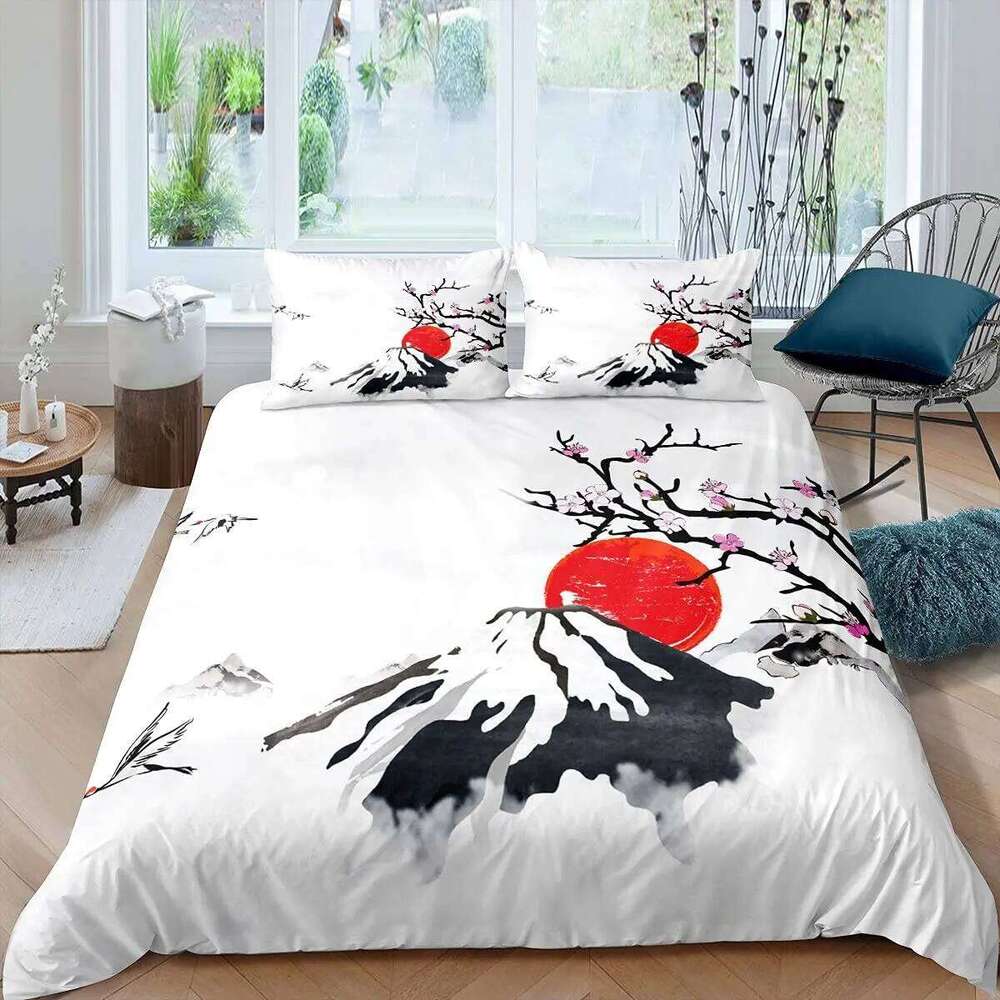 Japanese-Style Duvet Set for Girl Polyester Mount Fuji Comforter Cherry Blossoms Flower Ink Hand Painted Quilt Cover H260311