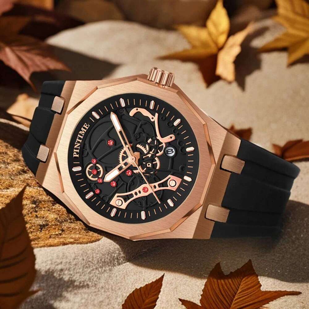 Premium Luxury Sports for Men Water Resistant Automatic Mechanical Stone Style Timepiece Men's Wristwatch Retro Watch