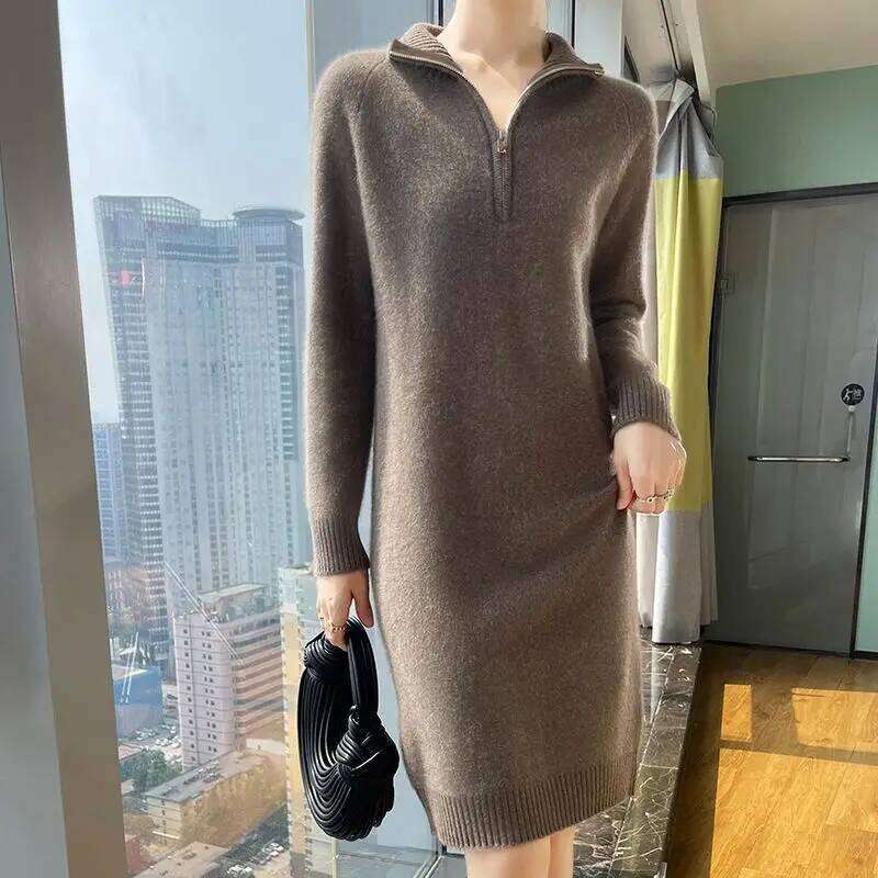 Fall/winter 100% Wool Dress Women's Long Semi-zipper Long-sleeved Knitted Cashmere Bottoming Sweater Skirt Z260311
