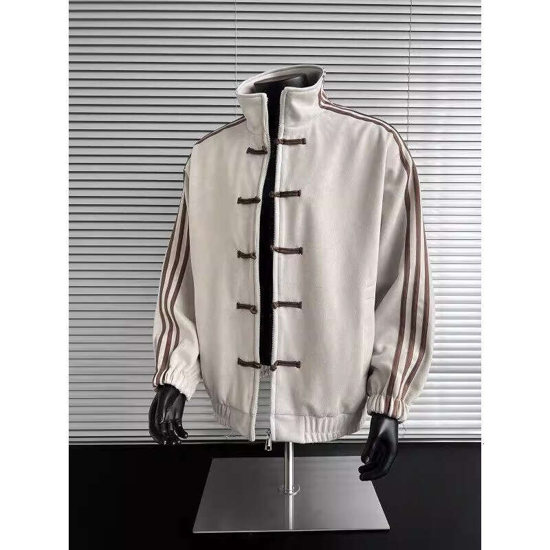 Blue White Patchwork Three-Stripe Stand-Up Collar For Men, Popular Spring And Autumn Fashion, New Chinese-Style Button-Down Tang Suit Jacket Asia Size