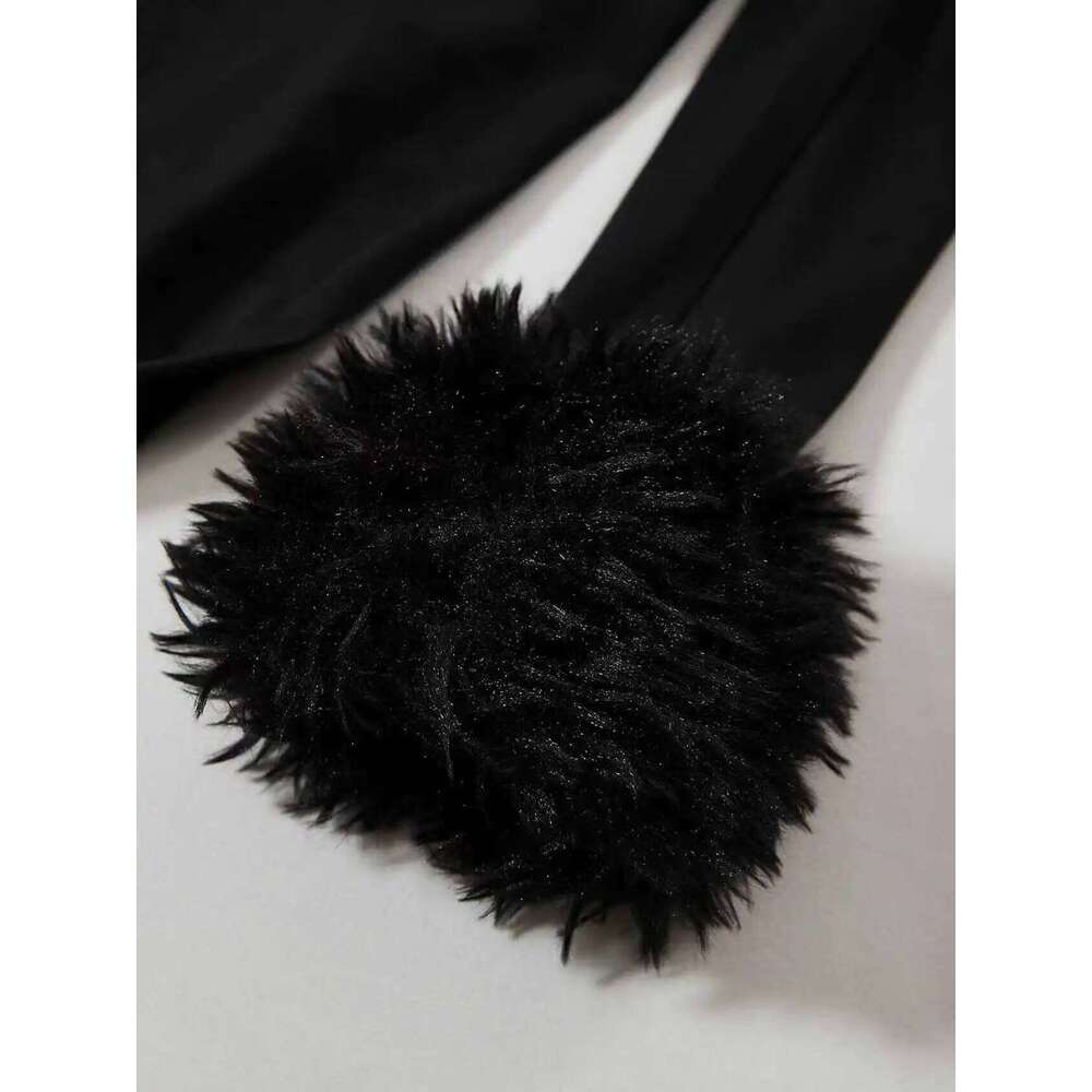 Black off the trimmed slim fit dress,Black one shoulder long sleeved dress with plush trim Z260311