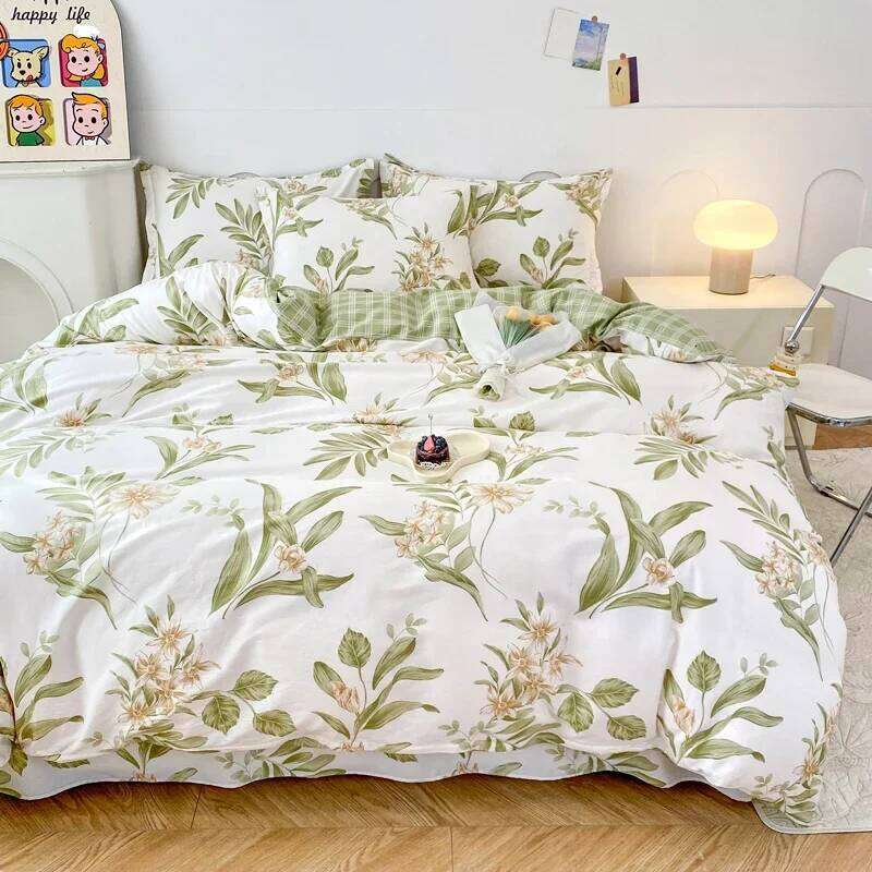 Garden Style Floral Duvet Cover 100% Cotton Boho Aesthetic Green Botanical Bedding Set with Colorful Flower Print Pattern 3Piece H260311