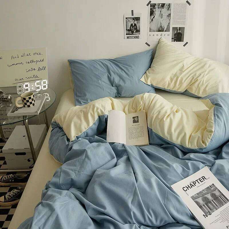 High Quality Solid Color Double Washed Cotton Bedding 4 Pieces Student Dormitory Linen Duvet Set Bed Suit H260311
