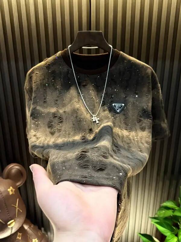 Men's Faionable adient Hole T-irt ort round Ne f Sve Summer Lightweight Polyester Cotton Blend Tee