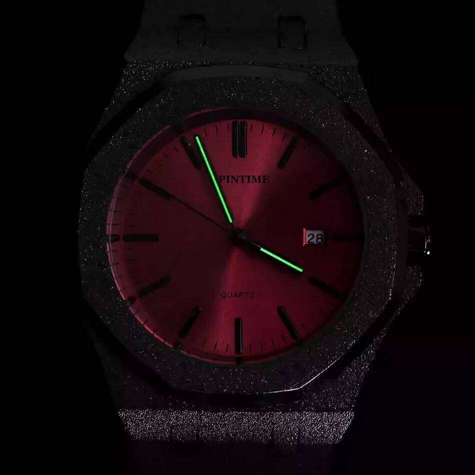 Octagon Wristwatch Glitter Textured Case Purple Dial Date Display Quartz Unisex Stylish Trendy Casual Fashion Watch