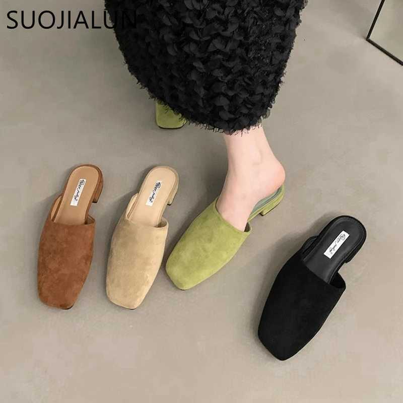 SUOJIALUN 2024 Autumn Women Flat Shoes Fashion Round Toe Slip On Mules Shoes Soft Flat Heel Outdoor Casual Dress Sandal Shoes K260311