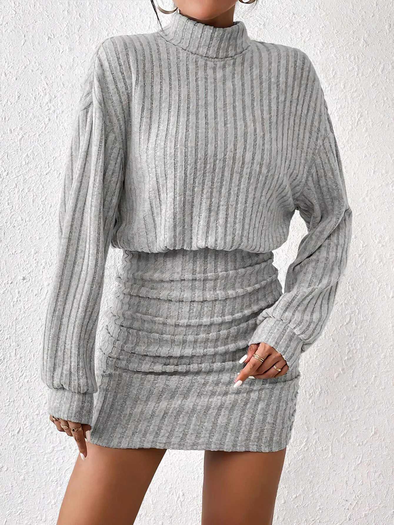 Womens Autumn Winter Fashion High Neck Knitted Sweater Dress Female Casual Solid Loose Long Sleeve Warm Mid Length Dresses M260311