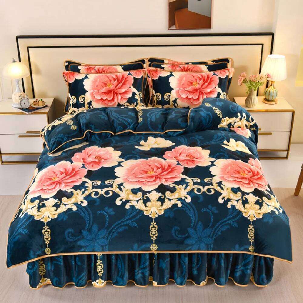Thickened Winter Warm Coral Bedding Sets Home Double-Sided Class A Four-Piece Set Quilt Cover Sheet Milk Velvet Bed Skirt H260311