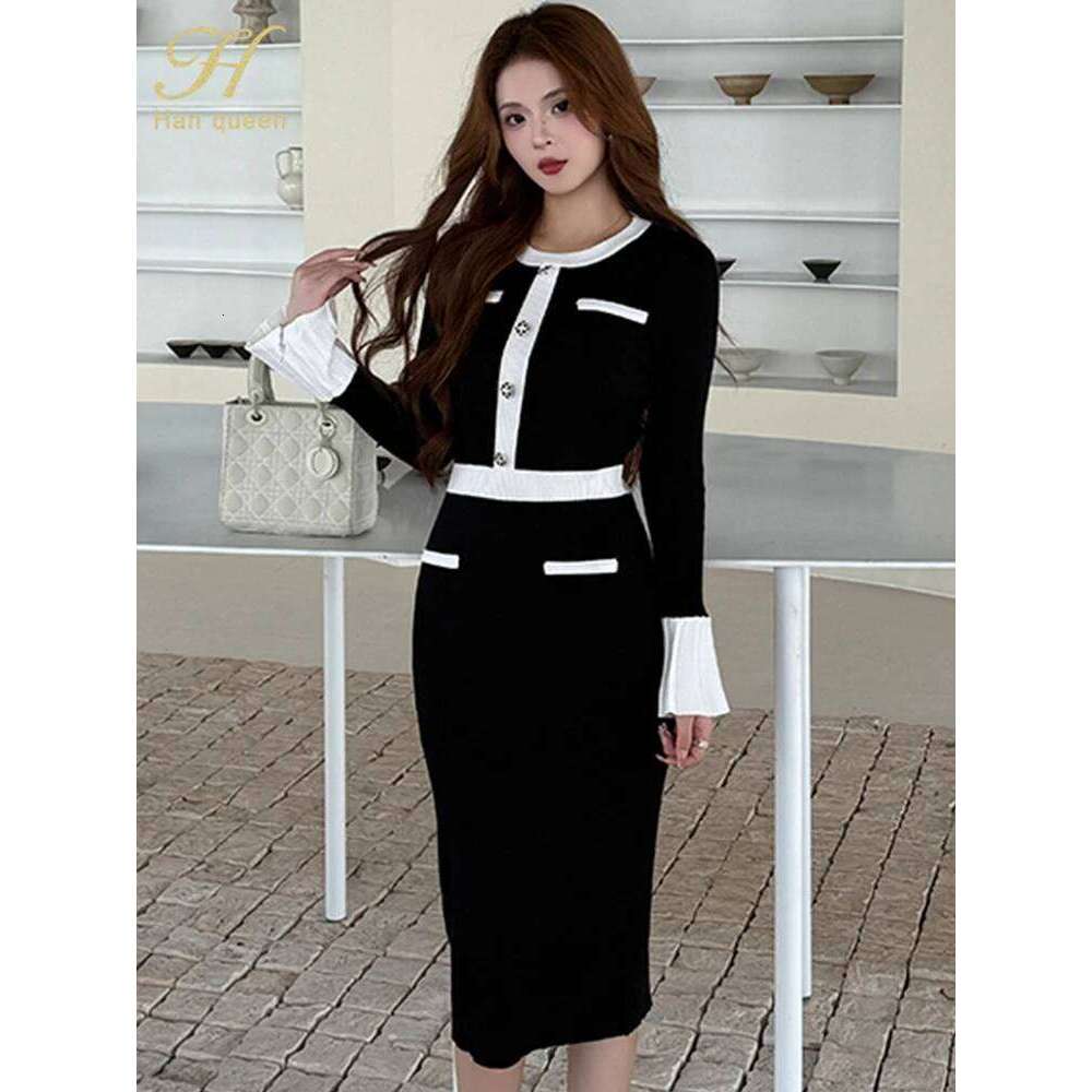 Women Winter Flared sleeves Elasticity Casual Party Pencil Dresses Single breasted Sweater Bodycon Knitted Dress Z260311