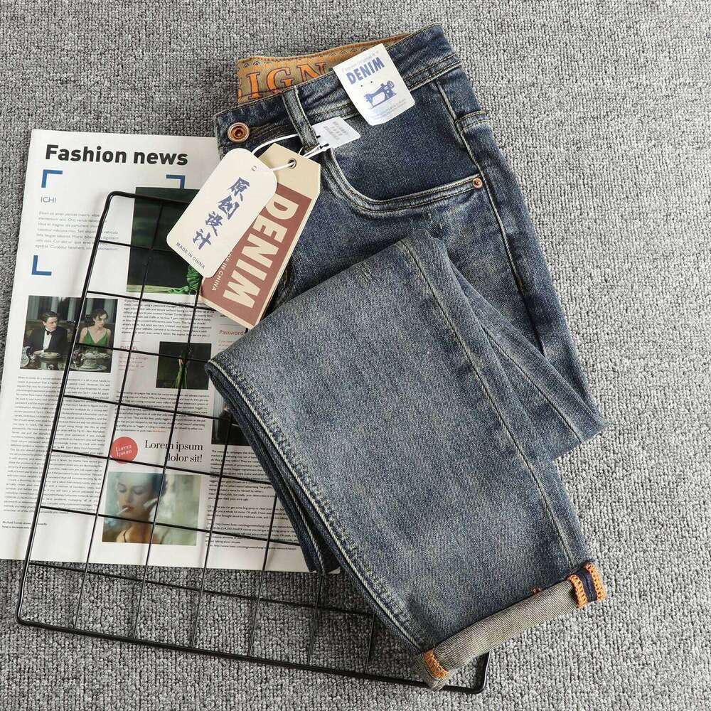 Retro blue wash-fried cat whisker jeans men's high-end custom fabric American fashion brand youth nine-point pants Z260225