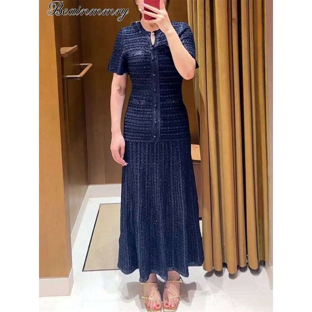 Long Waist-Cinching Sequin Dress Elegant French Style 2026 New Navy Blue Fit Dresses Women Party Round Neck Short-Sleeved Gown Mdng260311