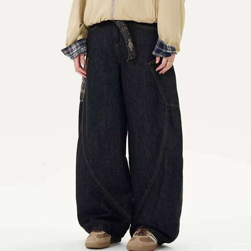 Autumn Vintage Design Large Pockets Curved Knife Workwear For Men'S High Street Jeans Y2k Wide Leg Pant Z260225