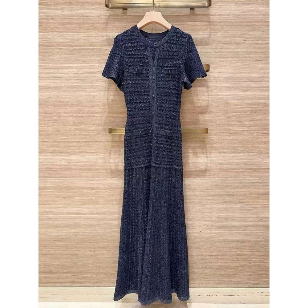 Long Waist-Cinching Sequin Dress Elegant French Style 2026 New Navy Blue Fit Dresses Women Party Round Neck Short-Sleeved Gown Mdng260311