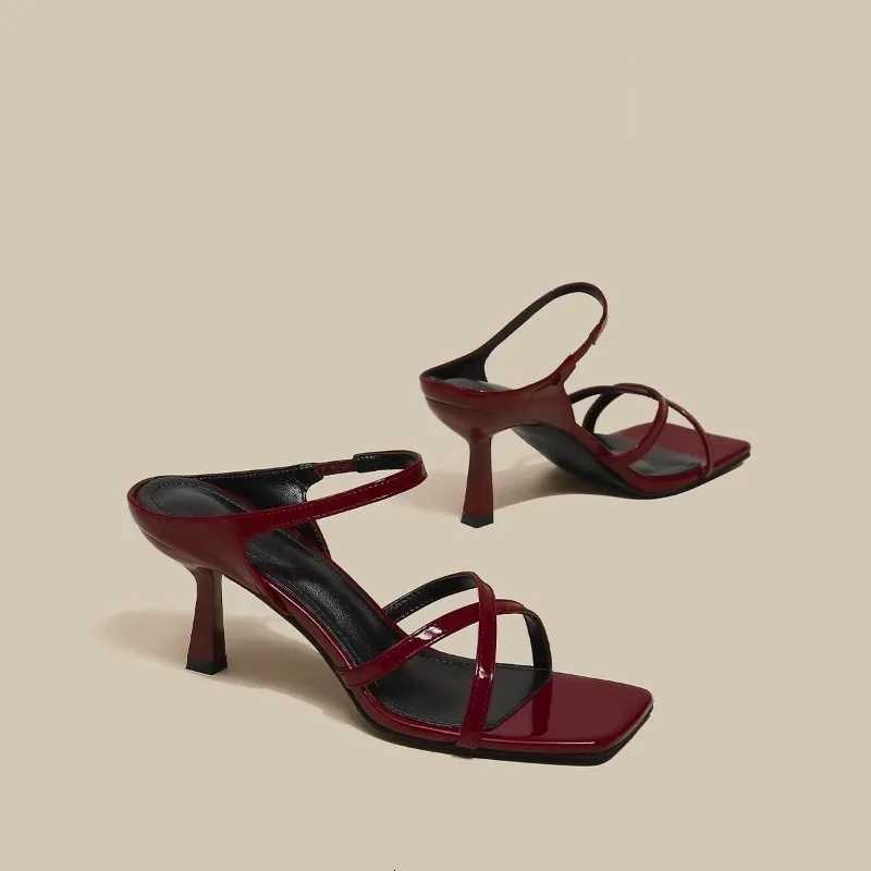 New Wine Red High Heels Sandals for Women Square Toe Bowtie Decor Summer Outdoor Slippers Woman Thin Heeled Party Wedding Shoes K260311