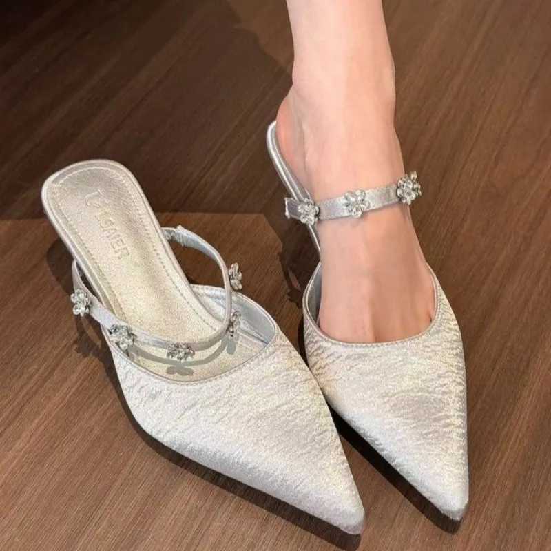 High Quality Satin Heels Women Fashion String Bead Sexy Pointed Slide Sandals Elegant Office Designer Shoes Mule Pumps K260311