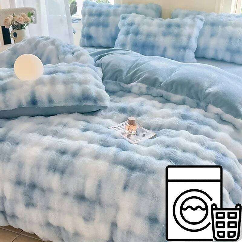New Rabbit Fur Thickened Milk Velvet Duvet Cover Set Machine Washable Soft SkinFriendly Warm Bed Sheet for Home and Hotel H260311