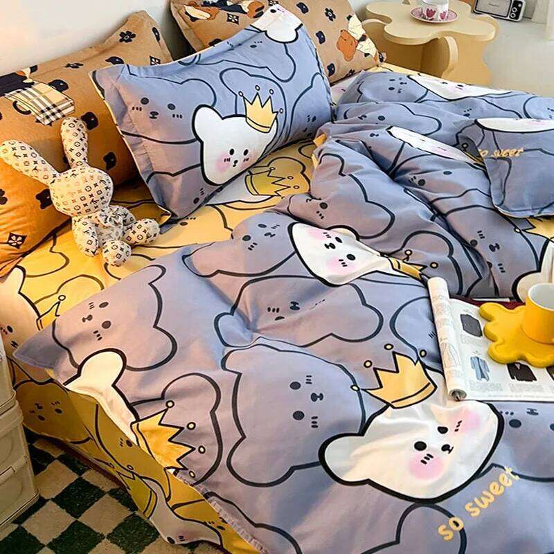 Summer Cartoon Printed Bedding Set Single Double Duvet Cover Kit for Students Adults Brushed Skin-Friendly Breathable Bed Linens H260311