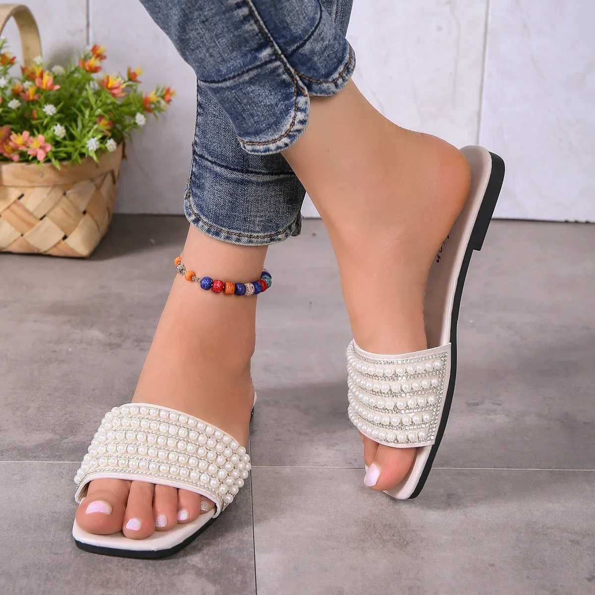 Fashion Solid Color Water Diamond Pearl Flat for Womens Summer New Style One Step Stepping Home K260311