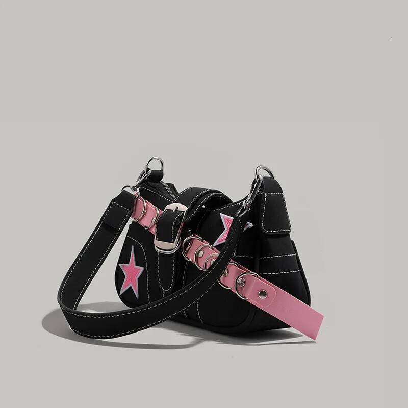 Y2K Hot Girl Black & Pink Star Tote Shoulder Edgy Studded Strap Retro Underarm Bag Sweet-Cool Aesthetic for Trendy Daily Use XJ260311