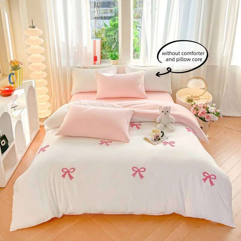 3 Piece Sheet Pink Bowknot Embroidery Duvet Cover Set, Comfortable Bedding Set Bedspread for All Seasons H260311