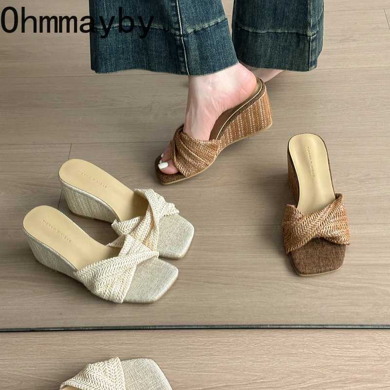 Designer Weave Height Increase Women Slippers Ladies Elegant Wedges Heel Dress Slides 2026 New Summer Open Toe Womens Shoes K260311