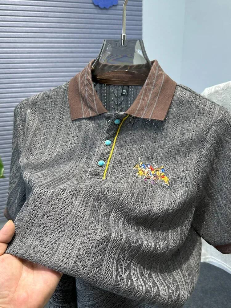 Design Brand Luxury Polo Shirt Hollow Jacquard Horse Embroidery Knitted Short Sleeve T-Shirt Summer Fashion Men's Clothing
