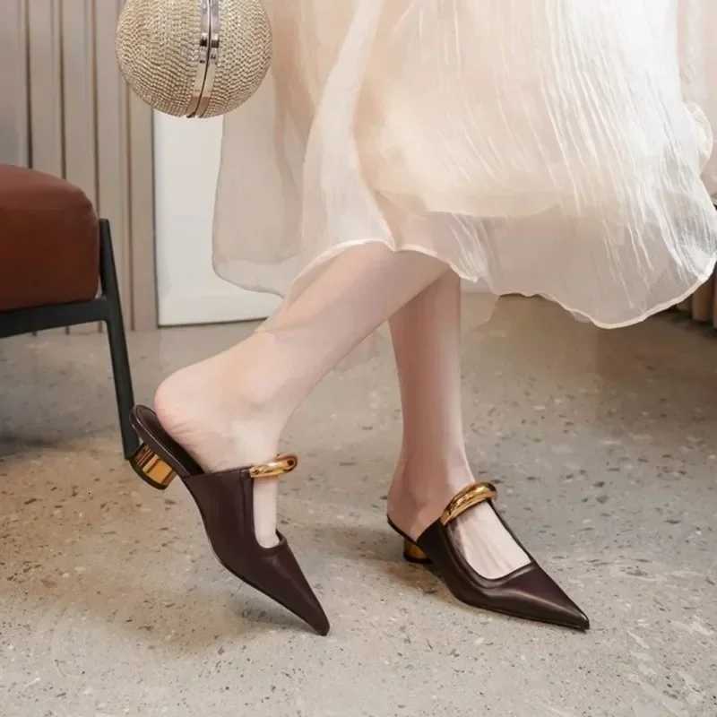 Punk Gothic Metal Low Heels Sandals Women 2025 New Pointed Toe Thick Heeled Summer Slippers Woman Platform Muller Shoes K260311