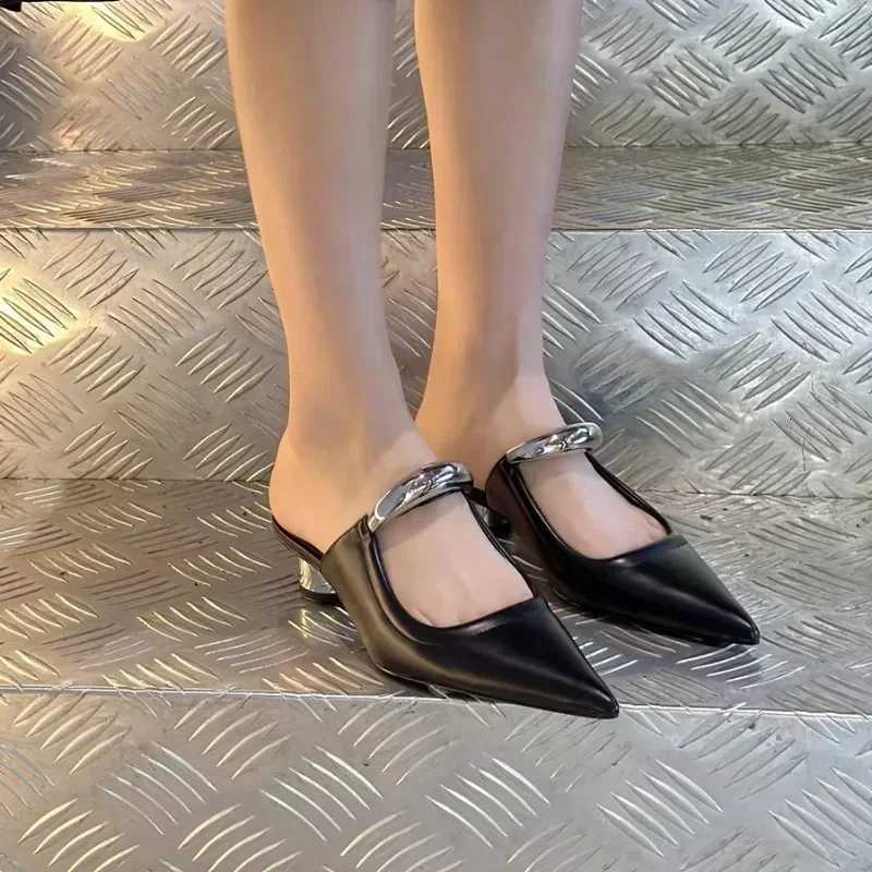 Punk Gothic Metal Low Heels Sandals Women 2025 New Pointed Toe Thick Heeled Summer Slippers Woman Platform Muller Shoes K260311