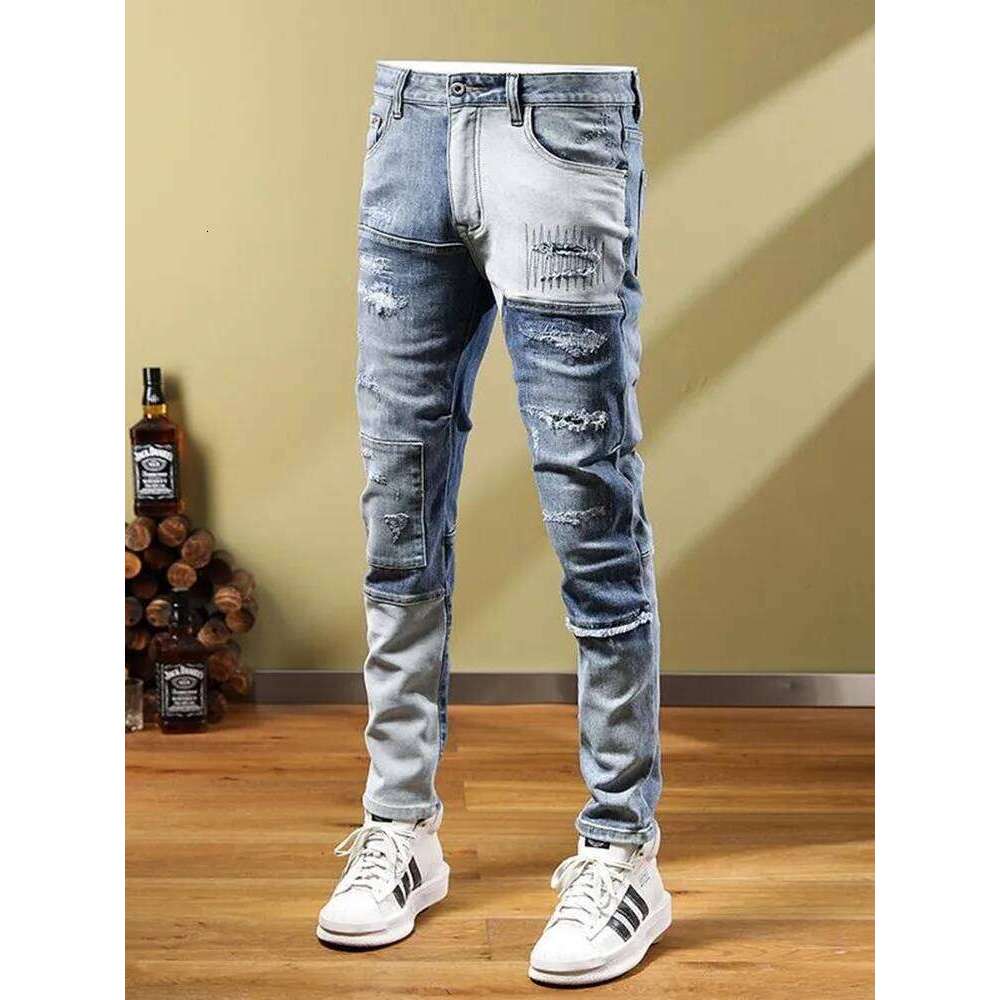 2024 Spring/Summer New Blue Hole Trend Small Foot Pants Men's Casual Slim Comfortable Breathable High-Quality Stretch Jeans Z260225