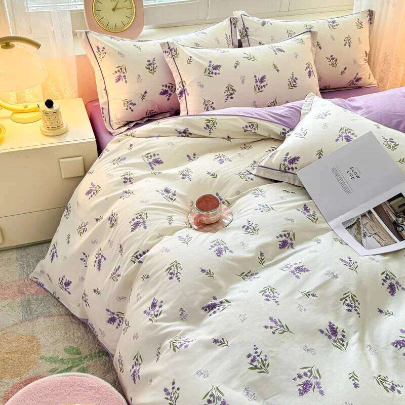 100% Cotton Lavender Print Duvet Cover 4-Piece Bedding Set H260311
