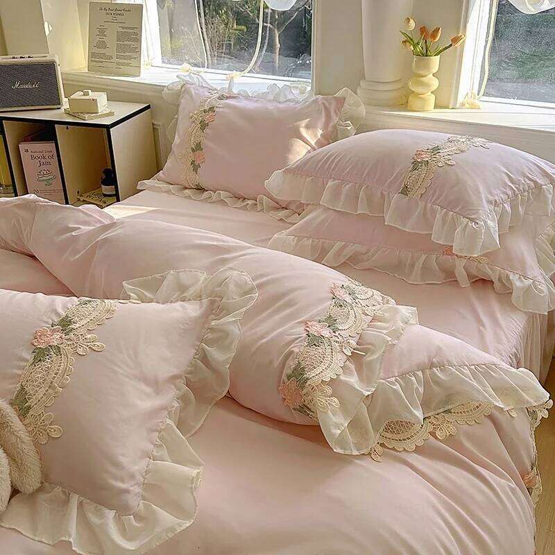 Korean Princess Style Flowers Lace Ruffles Duvet Covers Bed Skirt/Fitted Sheet Pillowcase Bedding For Girls Home Textiles H260311