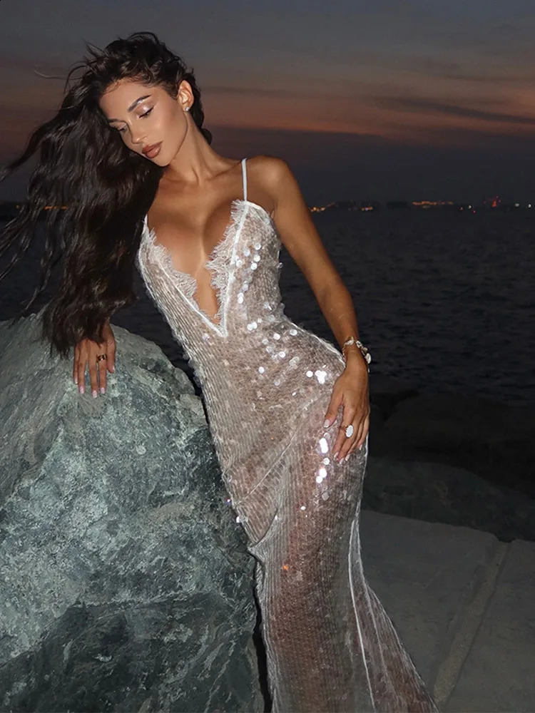 Sexy Sequined Perspective Sling Dresses Women Vintage Shiny Backless Deep V-neck Long Evening Dress Lady 2026 Chic Party Beach 260309