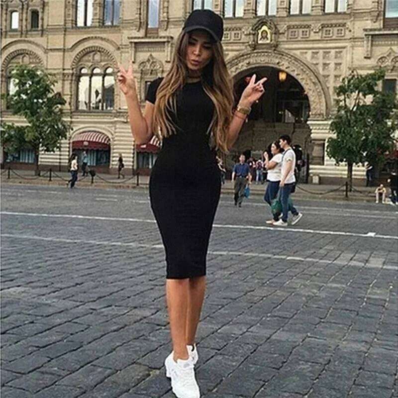 Summer Women Dresses Knee-Length Shinny Casual Short Sleeve Bandage Bodycon Sheath Dress Vestidos QT031 Z260311
