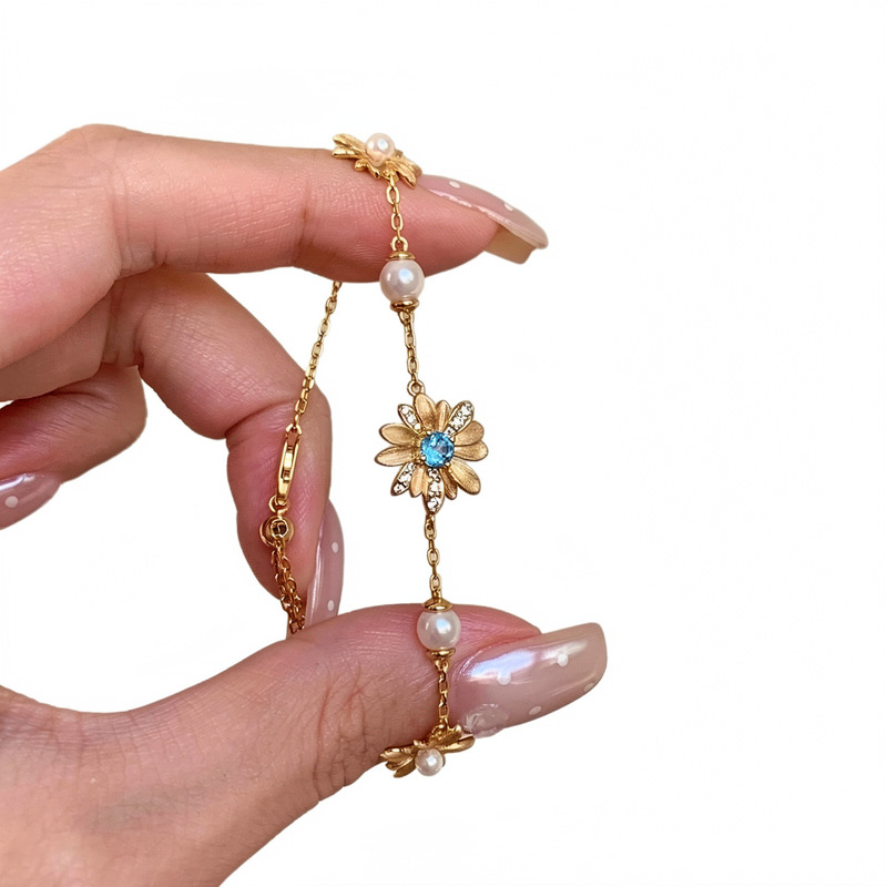 18K real gold plated sparkling diamond daisy pearl bracelet, light luxury high-end zircon stackable jewelry - view 6