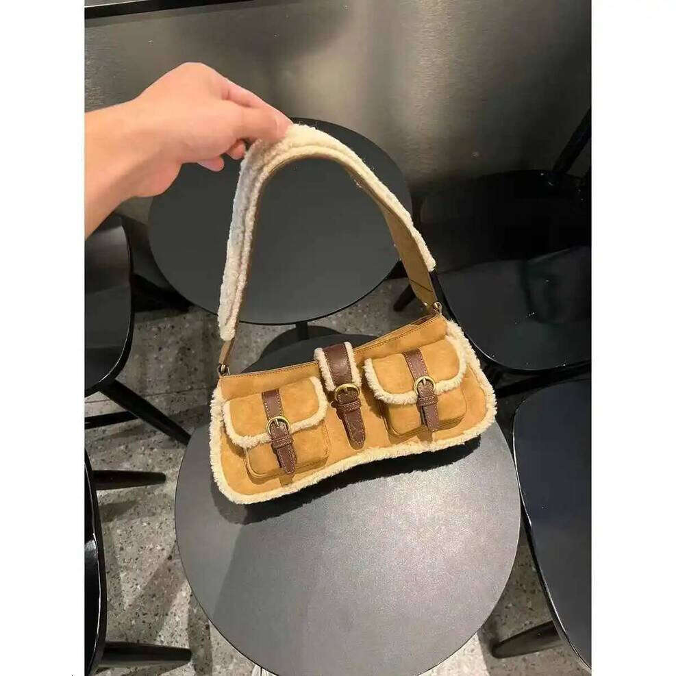 OLOEY Women Retro Imitation Suede Pocket Backpack Versatile Lamb Wool Double And One Shoulder Autumn Winter New Khaki Handheld Bag