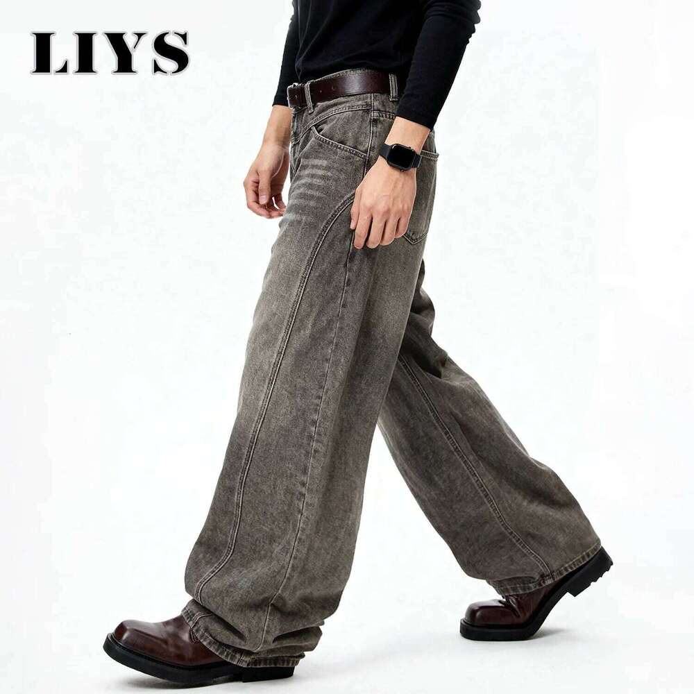 American Retro Grey Men's Baggy Wide Leg Jeans High Street Spliced Deconstruction Design Daily Casual Denim Pants Unisex Clothes Z260225