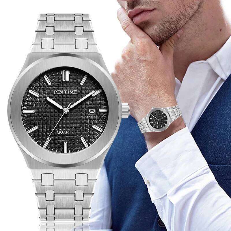 PINTIME Classic Men's Quartz Watch Elegant Simple Design Waterproof Stainless Steel Strap Couple Leisure Business Wristwatch