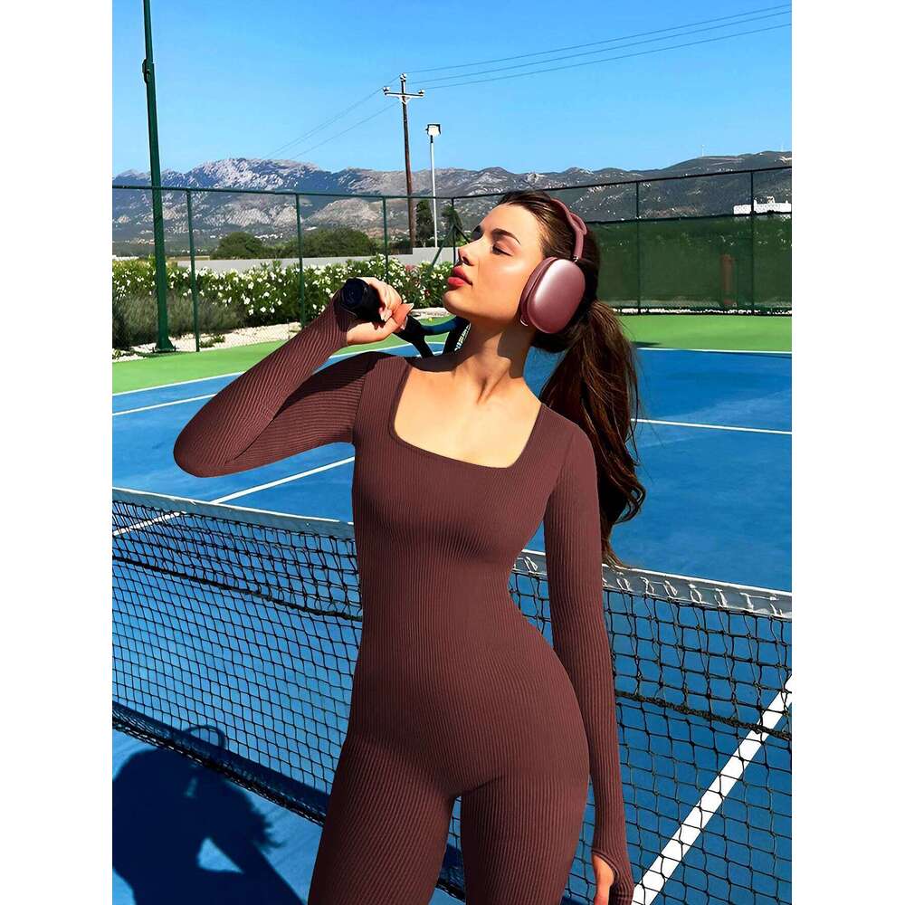 Solid Color Ribbed Yoga Jumpsuit, Seamless Slim Fit Long Sleeve Sports Bodysuit, Women's Activewear 26H0311