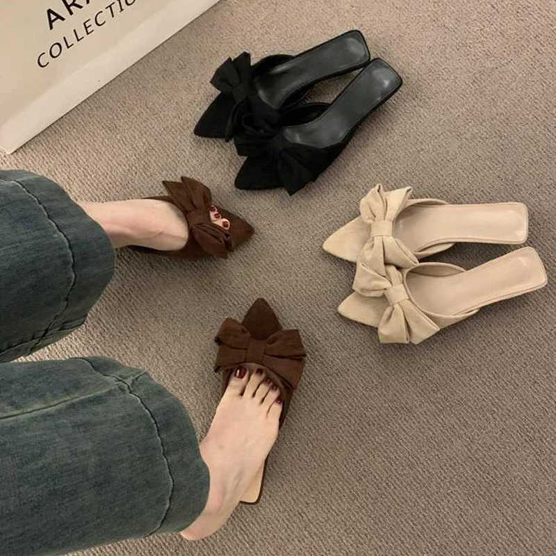 Bow - Decorated Pointed - Toe Mules Multi - Color Suede Casual Stylish K260311