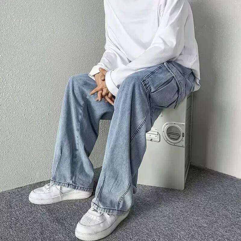 Loose Straight Long Trendy Washed Men New Elastic Waist Spring Autumn Youth Popular Fashion Jeans Big Pocket Cargo Pants Z260225